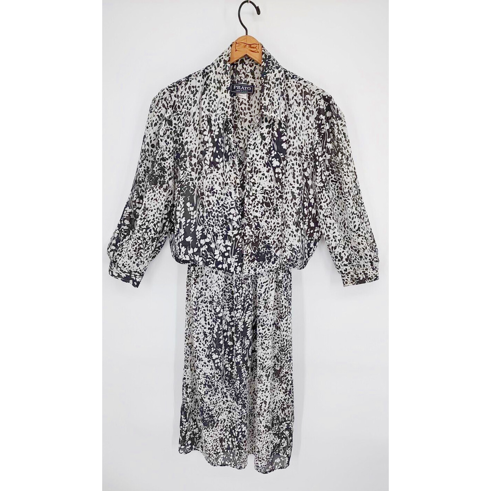 Prato Woman's VTG Black White Chiffon Blouson Midi Dress Size 14 Sheer Flowy LS